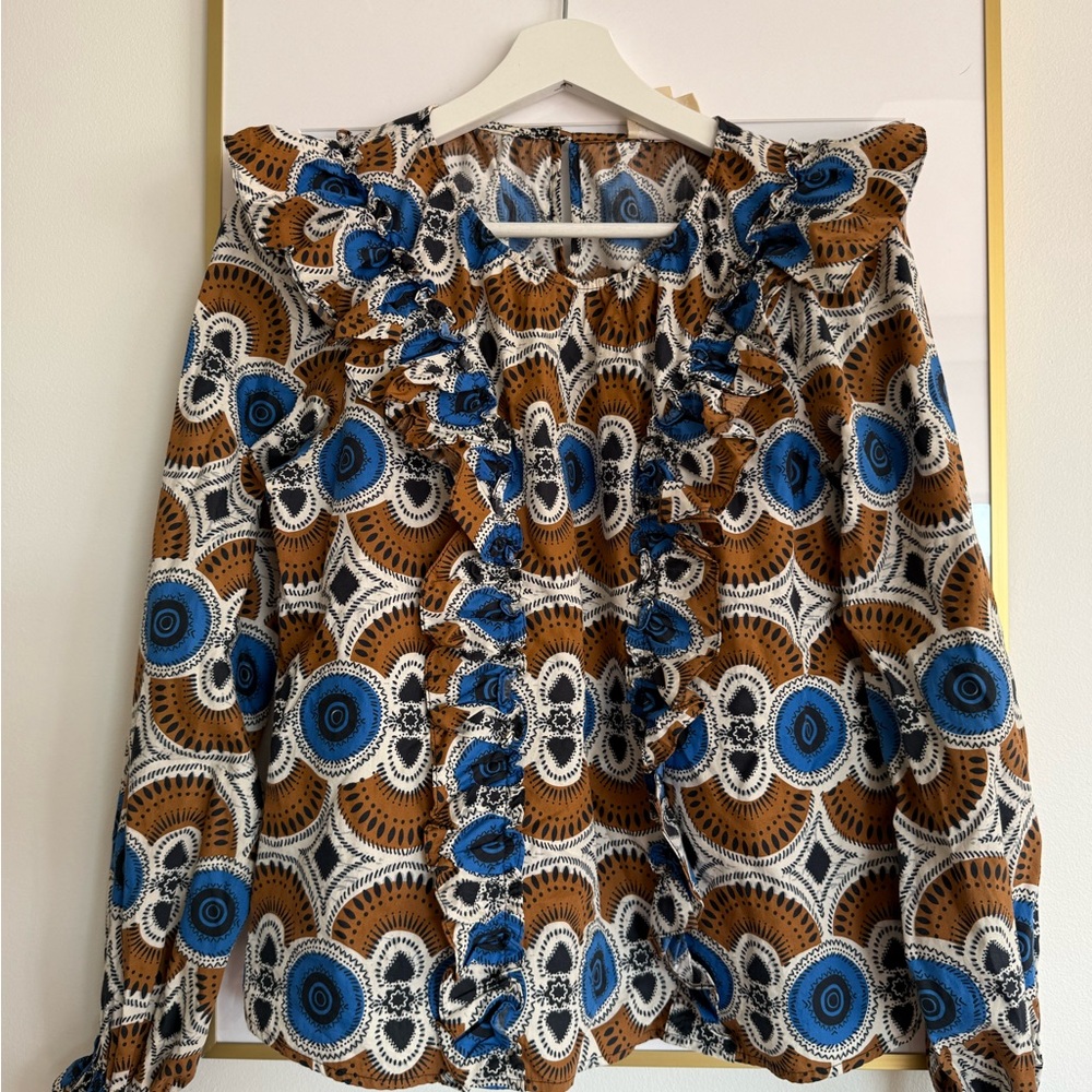 Sezane Blue Ruffled Bib Collar Blouse